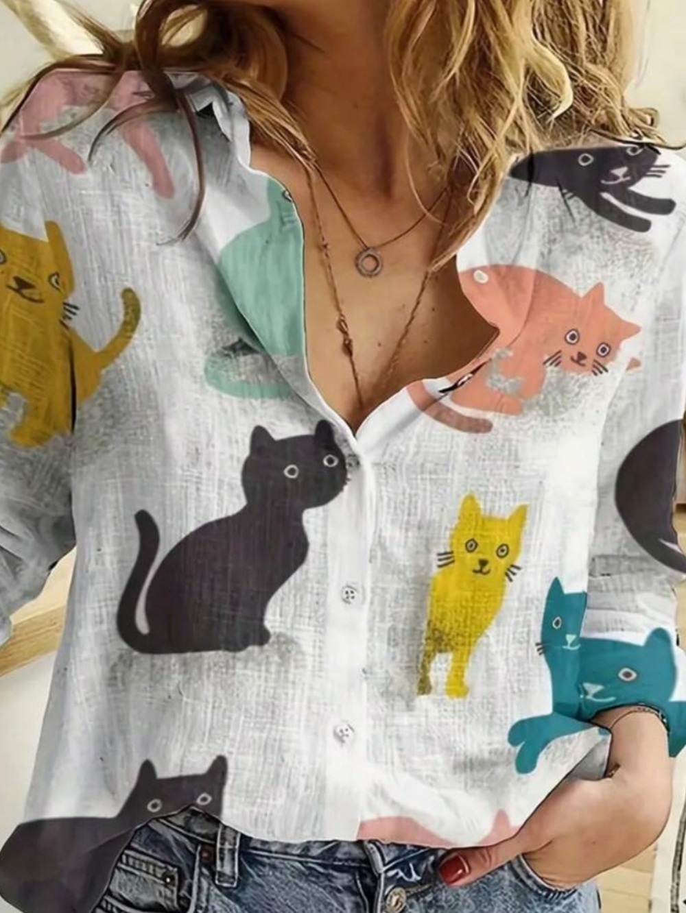 Cute Multi-Color Cat Print Button-Up Shirt for Cat Lovers